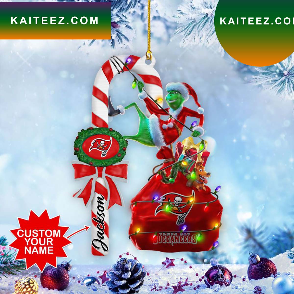 Tampa Bay Buccaneers NFL Custom Name Grinch Candy Cane Grinch Decorations  Outdoor Ornament - Kaiteez