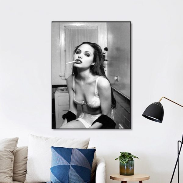 Angelina Jolie Black And White Wall Art Home Decor Poster Canvas