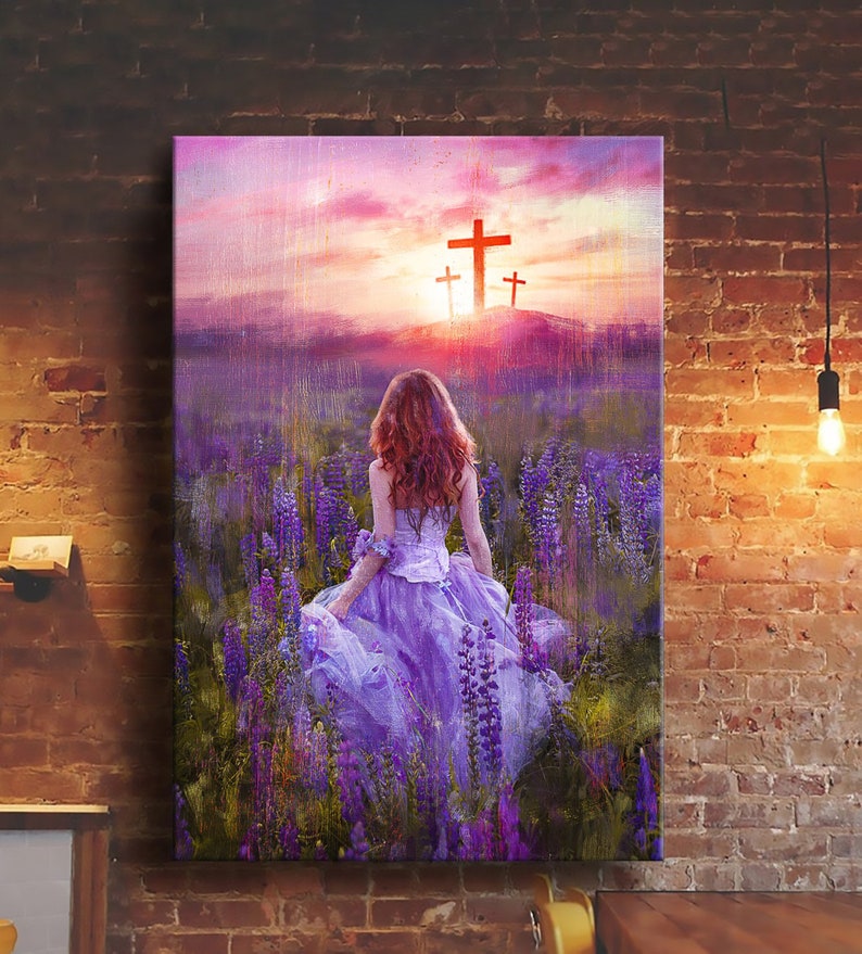 Christian Girl In The Violet Flower Field Jesus Wall Art Decor Poster Canvas