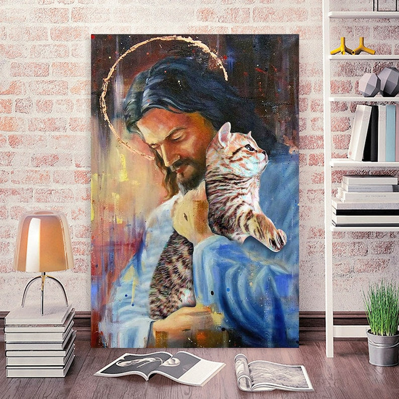 Christian God Loves Cat Jesus Cat Lover Wall Art Decor Poster Canvas