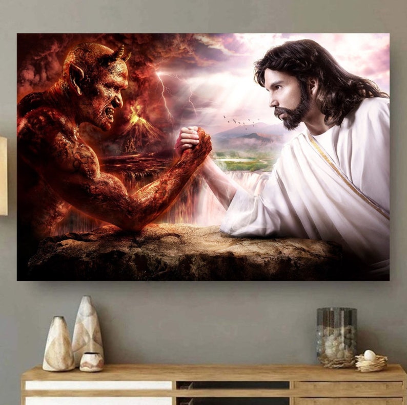 Christian Jesus Fights Satan Devil Wall Art Decor Poster Canvas