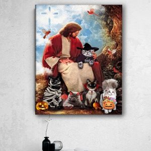 Christian Jesus God Loves Cat Halloween Wall Art Decor Poster Canvas