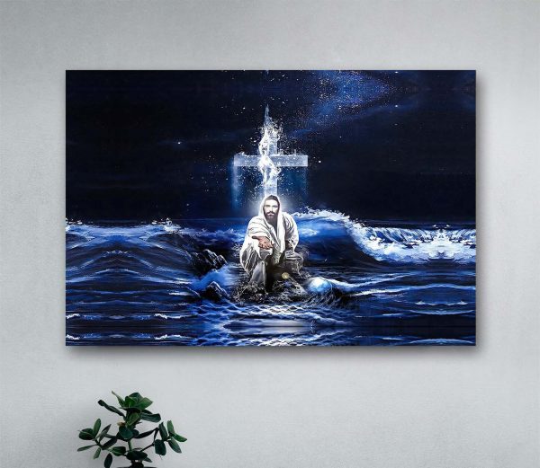 Christian Jesus Reaching Hand Give Me Your Hand Water Ocean Wall Art Decor Poster Canvas