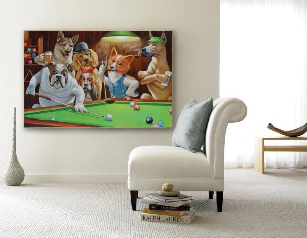 Dogs Playing Pool Wall Art Home Decor Poster Canvas