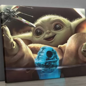 Star Wars Baby Yoda Smiling Playing with Plane Wall Art Home Decor Poster Canvas