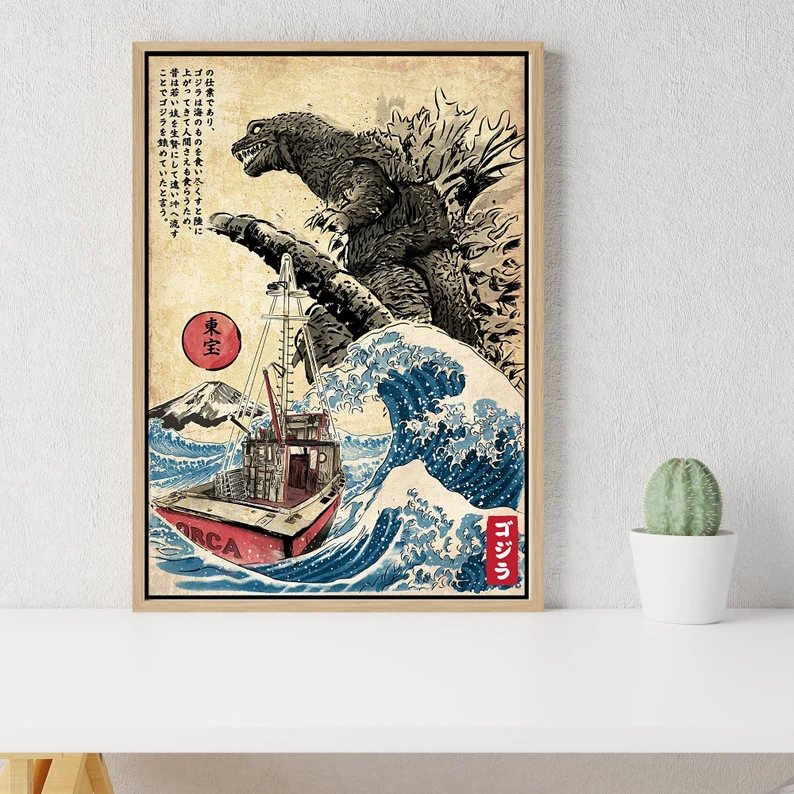 Traditional Japanese Godzilla Kanagawa Wave Wall Art Home Decor Poster Canvas