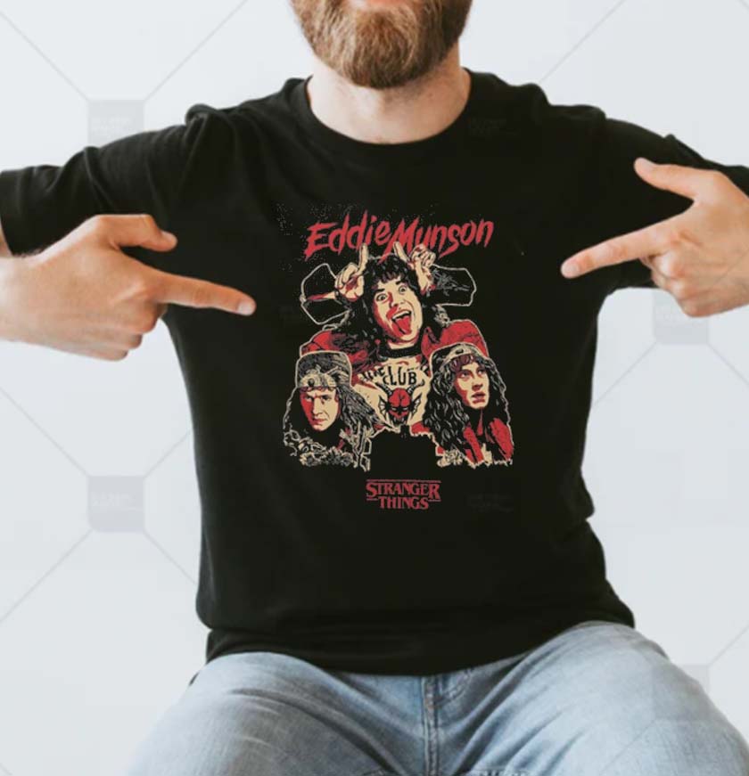 Stranger Things 4 Eddie Munson Hellfire Club Guitar Power T-Shirt -  Personalized Gifts: Family, Sports, Occasions, Trending