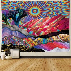 Psychedelic Sun Optical Illusion Mountian Rainbow Tapestry