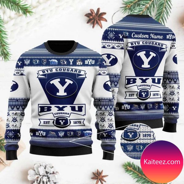 Byu Cougars Football Team Logo Custom Name Personalized Christmas Ugly  Sweater