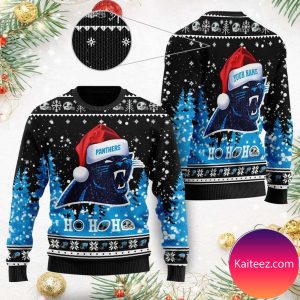 Carolina Panthers Symbol Wearing Santa Claus Hat Ho Ho Ho Custom PersonalizedChristmas Ugly Sweater