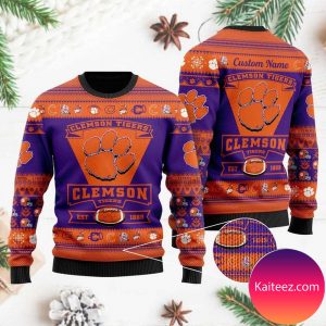 Clemson Tigers Football Team Logo Custom Name Personalized Christmas Ugly Sweater