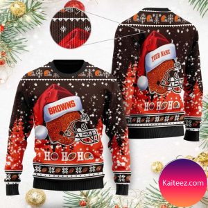 Cleveland Browns Symbol Wearing Santa Claus Hat Ho Ho Ho Custom Personalized Christmas Ugly Sweater