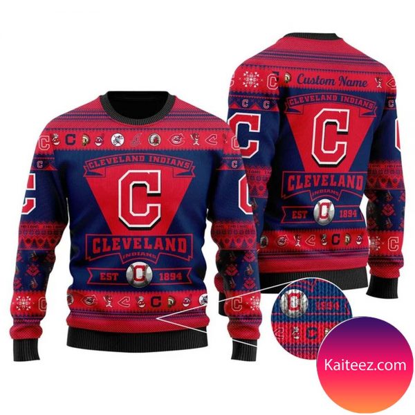 Cleveland Indians Football Team Logo Custom Name Personalized Christmas Ugly Sweater