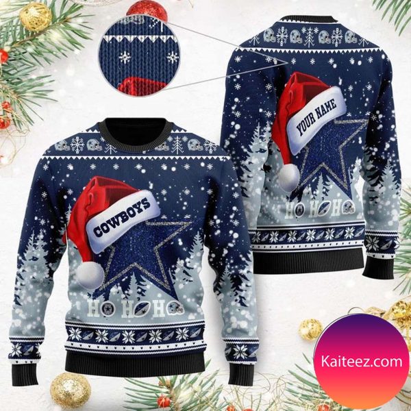 Dallas Cowboys Symbol Wearing Santa Claus Hat Ho Ho Ho Custom Personalized Christmas Ugly Sweater