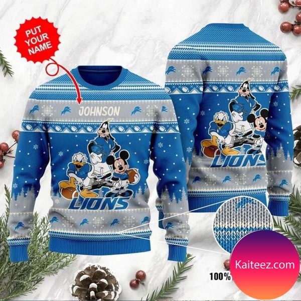 Detroit Lions Disney Donald Duck Mickey Mouse Goofy Personalized Christmas Ugly Sweater