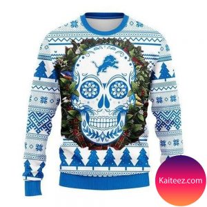 Detroit Lions Skull Flower Christmas Ugly Sweater