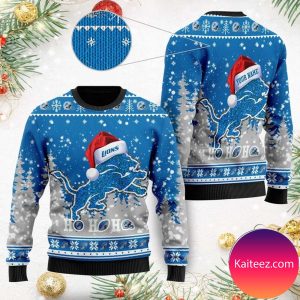 Detroit Lions Symbol Wearing Santa Claus Hat Ho Ho Ho Custom Personalized Christmas Ugly Sweater