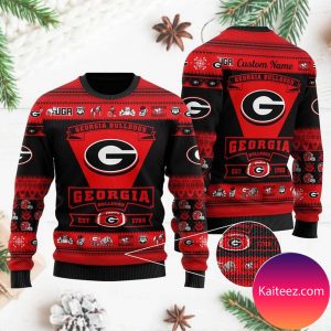Georgia Bulldogs Football Team Logo Custom Name Personalized Christmas Ugly Sweater