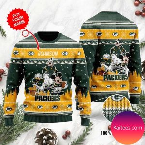 Green Bay Packers Disney Donald Duck Mickey Mouse Goofy Personalized Christmas Ugly Sweater