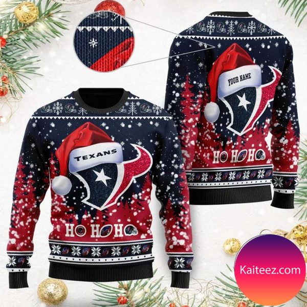 Houston Texans Symbol Wearing Santa Claus Hat Ho Ho Ho Custom Personalized Christmas Ugly Sweater