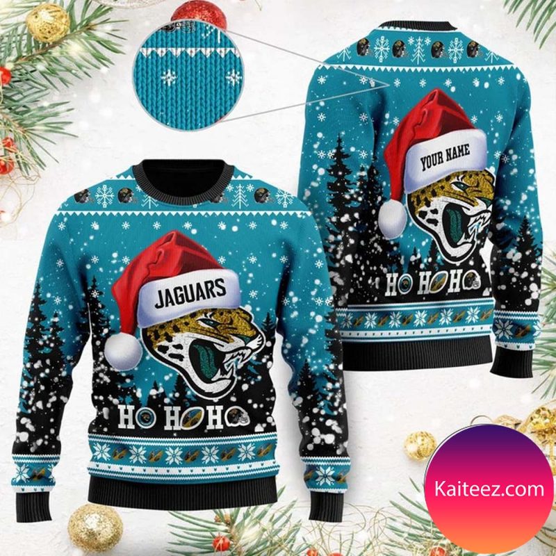 Jacksonville Jaguars Symbol Wearing Santa Claus Hat Ho Ho Ho Personalized Christmas Ugly Sweater 