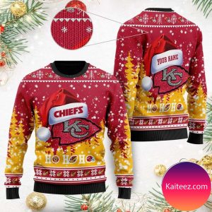 Kansas City Chiefs Symbol Wearing Santa Claus Hat Ho Ho Ho Personalized Christmas Ugly Sweater