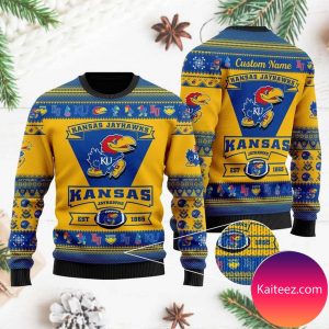 Kansas Jayhawks Football Team Logo Custom Name Personalized Christmas Ugly Sweater
