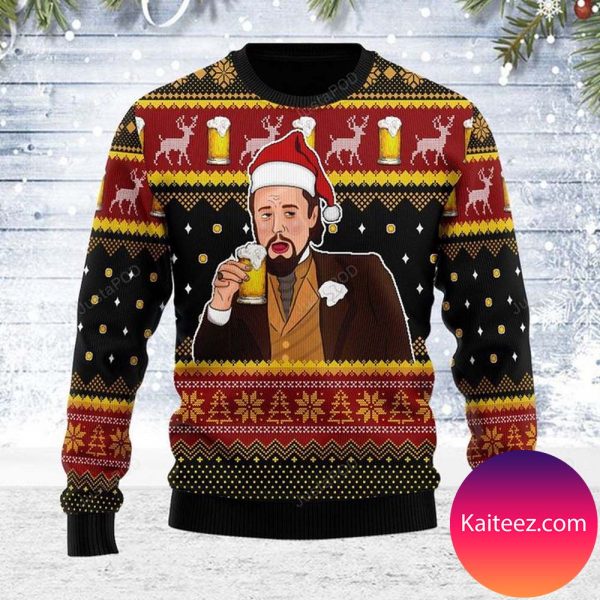 Leo Laughing Meme Drinking Beer Christmas Ugly Sweater