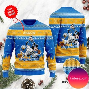 Los Angeles Chargers Disney Donald Duck Mickey Mouse Goofy Personalized Christmas Ugly Sweater