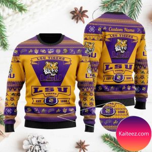 Lsu Tigers Football Team Logo Custom Name Personalized Christmas Ugly Sweater