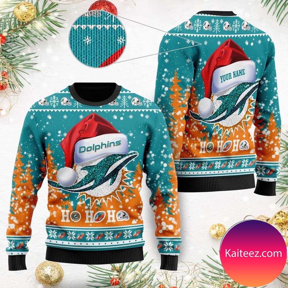 Miami Dolphins Symbol Wearing Santa Claus Hat Ho Ho Ho Custom Personalized Christmas Ugly Sweater