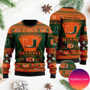 Miami Hurricanes Football Team Logo Custom Name Personalized Christmas Ugly Sweater