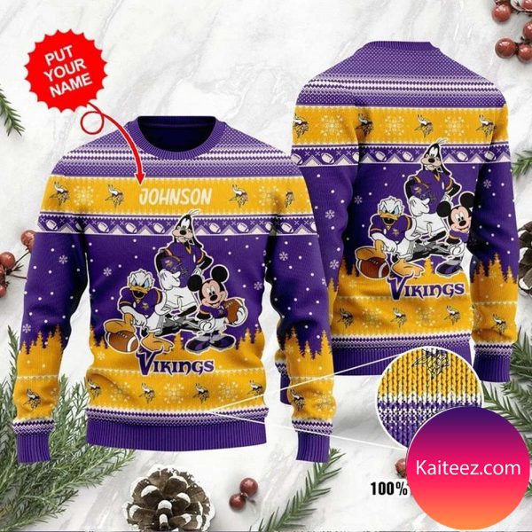Minnesota Vikings Disney Donald Duck Mickey Mouse Goofy Personalized Christmas Ugly Sweater