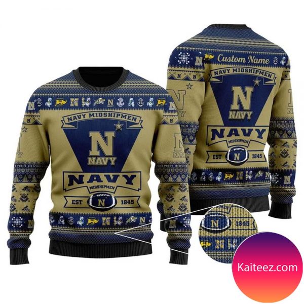 Navy Midshipmen Football Team Logo Custom Name Personalized Christmas Ugly Sweater