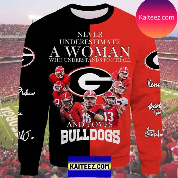 Never Underestimate A Woman Who Understands Football And Loves Bulldogs Christmas Ugly Sweater