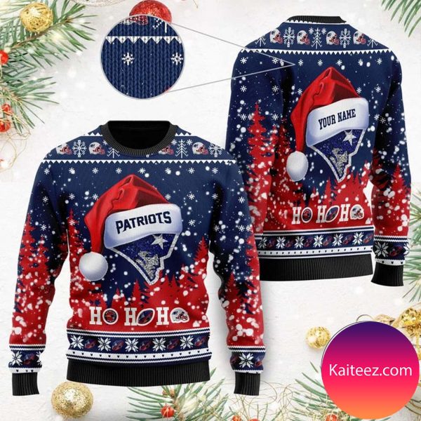 New England Patriots Symbol Wearing Santa Claus Hat Ho Ho Ho Personalized Christmas Ugly Sweater