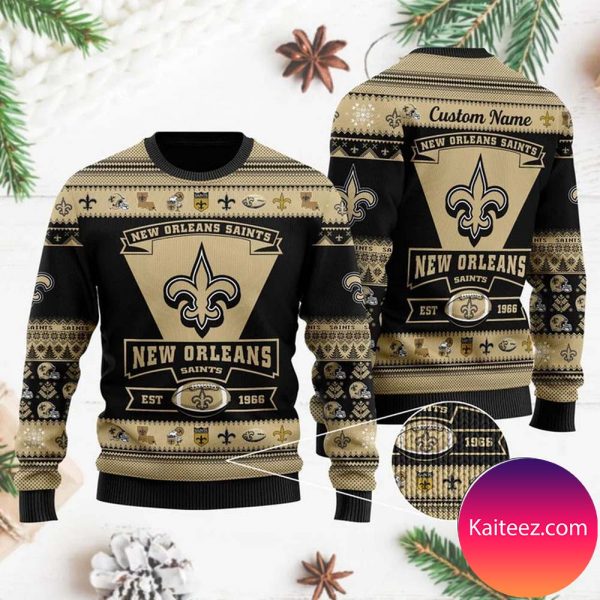 New Orleans Saints Football Team Logo Custom Name Personalized Christmas Ugly Sweater