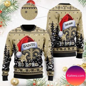New Orleans Saints Symbol Wearing Santa Claus Hat Ho Ho Ho Personalized Christmas Ugly Sweater