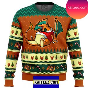 New Pokemon Eating Candy Cane Charizard Christmas Ugly  Sweater