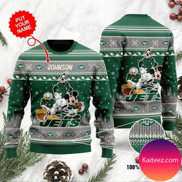 New York Jets Disney Donald Duck Mickey Mouse Goofy Personalized Christmas Ugly Sweater