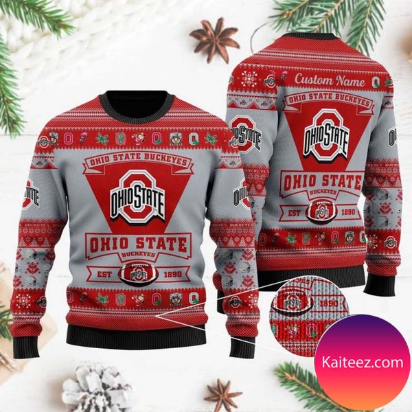 Ohio State Buckeyes Football Team Logo Custom Name Personalized Christmas Ugly Sweater