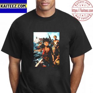 One Piece Pirates Luffy Zoro And Usopp With Guns In The Sea Vintage T-Shirt