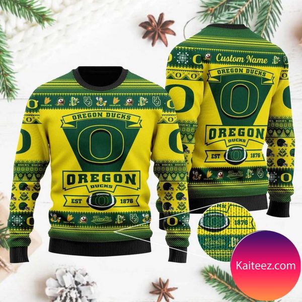 Oregon Ducks Football Team Logo Custom Name Personalized Christmas Ugly Sweater