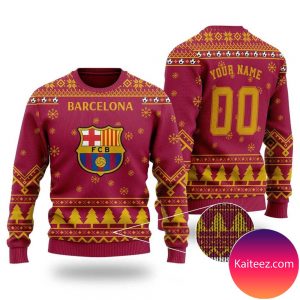 Personalized Custom Name And Number Barcelona Christmas For Fans Christmas Ugly Sweater