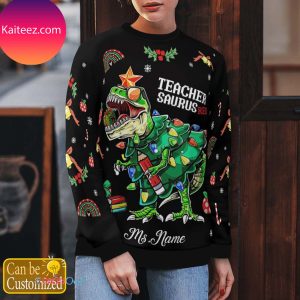 Personalized Teacher Saurus Rex Christmas Ugly Sweater