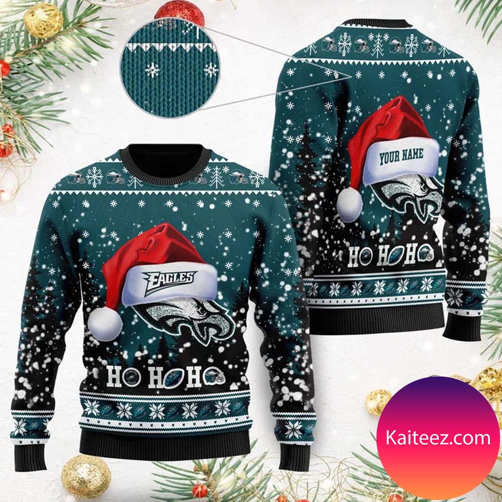 Philadelphia Eagles Symbol Wearing Santa Claus Hat Ho Ho Ho Personalized Christmas Ugly Sweater