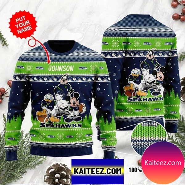 Seattle Seahawks Disney Donald Duck Mickey Mouse Goofy Personalized Christmas Ugly Sweater