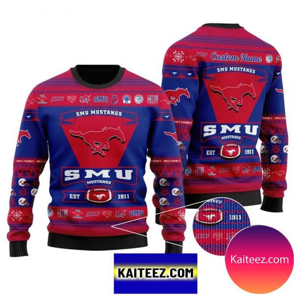 Smu Mustangs Football Team Logo Custom Name Personalized Christmas Ugly Sweater