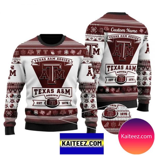 Texas Aggies Football Team Logo Custom Name Personalized Christmas Ugly Sweater