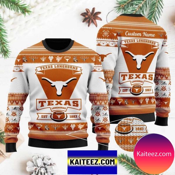 Texas Longhorns Football Team Logo Custom Name Personalized Christmas Ugly Sweater